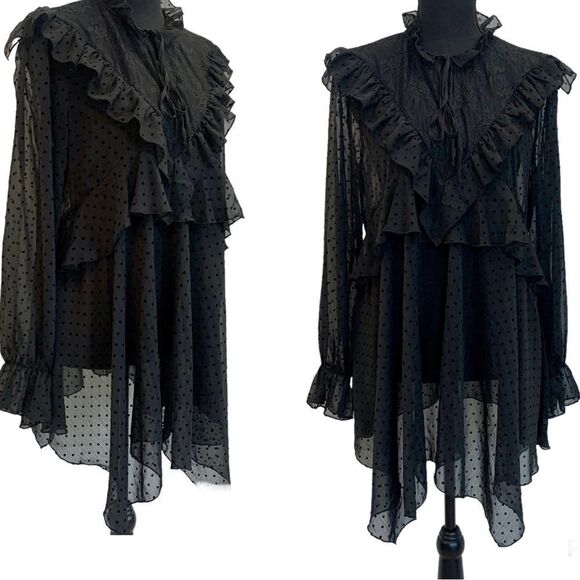 ZARA black mesh polka dot ruffle frill sheer lace long sleeve blouse Sz M - Picture 1 of 11